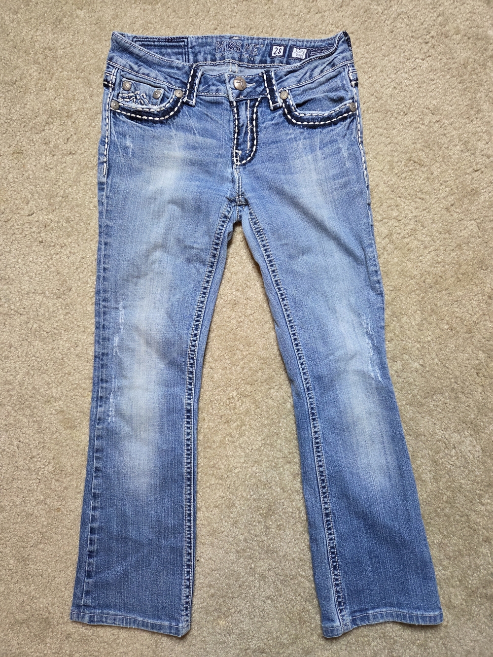 Miss Me Blue Jeans Women's Size 28 Low Rise Bootcut Medium Wash Thick Stitch